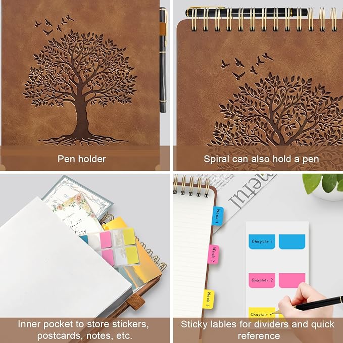 A5 Top Spiral Notebook, Tree Pattern Large Leather Hardcover Left Handed Journal, 240 Pages 100 Gsm Lined Paper Top Bound Steno Pads for Work, School, Travel Writing - Brown, 5.9" x 8.5"