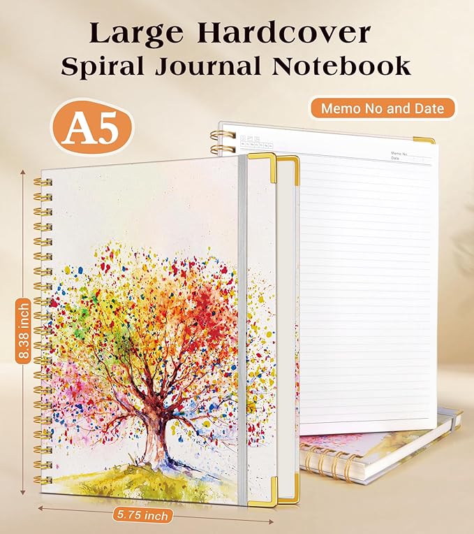 Lined Spiral Notebook Journal for Women, 150 Pages Cute Notebooks 5.75” x 8.38”, A5 Hardcover Spiral Journals with 100 GSM Thick Paper, College Ruled Notebook for Writing Work School, Colorful Tree of Life