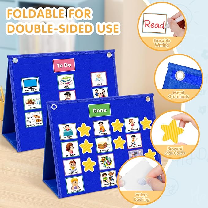 ALSLEA Large Visual Schedule for Kids with Autism Chore Chart for Kids Daily Routine Chart Autism Learning Materials Toddler Planning Board Visual Schedule for Classroom, Home with 124 Cards (Blue)