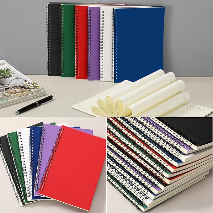 Leelosp 12 Pcs Small Spiral Notebook Lined Spiral Journal College Ruled Notebook Wire Bound Kraft Cover, 120 Pages for Work (Purple,White,Blue,Green,Red and Black,5.5 x 8.3 Inch)