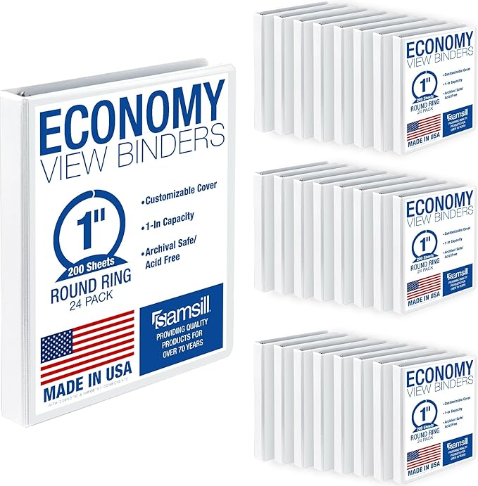 Samsill 1 Inch 3 Ring Binders, Economy Round Ring, Clear View Cover, 200 Sheet Capacity - for School, Home, Office - White, 24 Pack