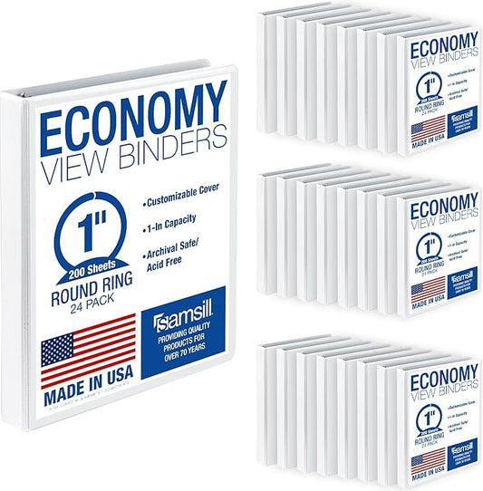 Samsill 1 Inch 3 Ring Binders, Economy Round Ring, Clear View Cover, 200 Sheet Capacity - for School, Home, Office - White, 24 Pack
