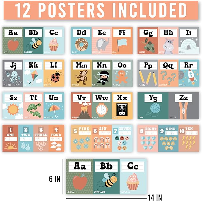 Hadley Designs Alphabet for Classroom Wall Decor - ABC Posters for Classroom Wall Chart Preschool & Kindergarten, ABC Letters & Number Line Elementary, Alphabet Cards, Retro Classroom Decor