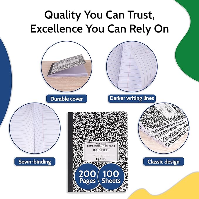 24 Pack - EPI Marble Hardcover Wide Ruled Composition Notebook | 200 Pages (100 Sheets), 9.75 x 7.5 in, Sturdy Sewn Binding | School, Office, Journaling, Notes