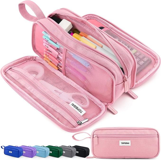TOPBIDAI Large Pencil Case Pouch for Girls Boy Women Men Adults | Big Capacity Canvas Pencil Bag, Office School Supplies, Multi Compartment Zipper Stationery Pen Box(Light Pink)