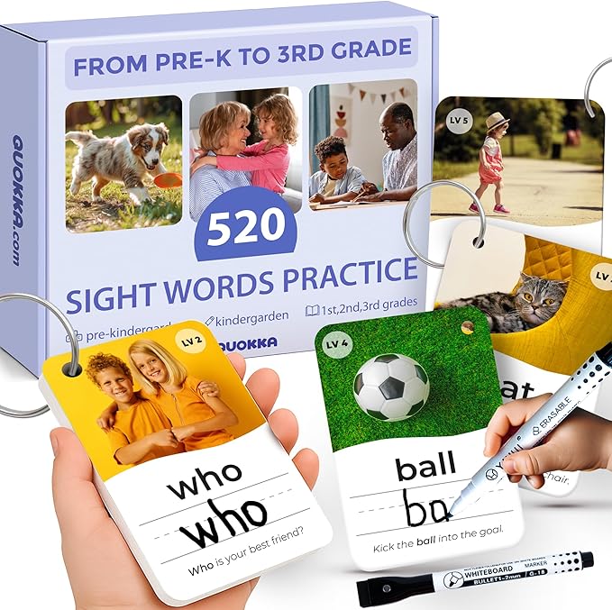 QUOKKA 520 Sight Words Flash Cards for Kids Adults – from Pre-K to 3rd Grade – 5 Levels & Bold Font & Jumbo Size & Dry Erase Cards with Realistic Images & Rings – Based on Dolch & Fry Word Lists