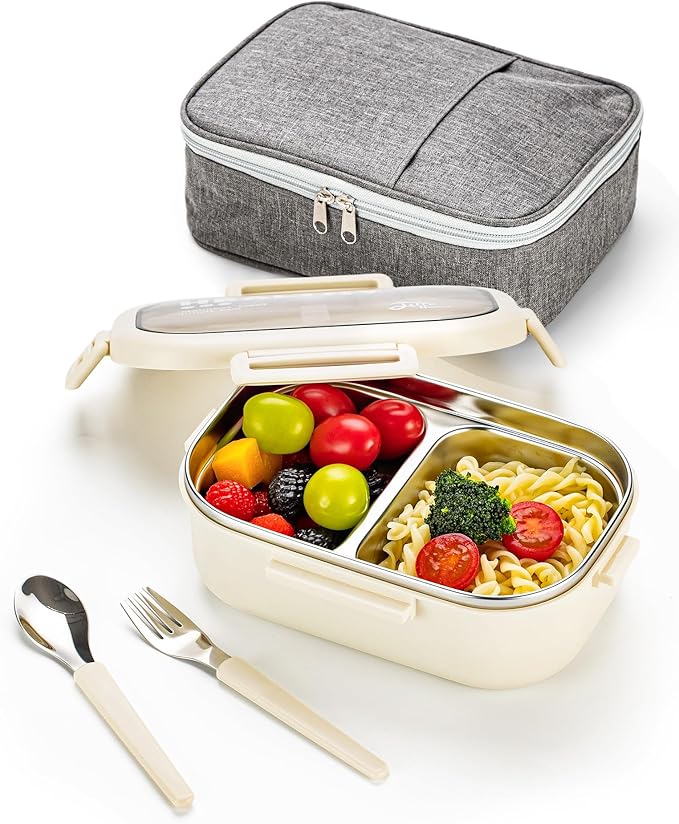 Lille Home 28oz Stainless Steel Leakproof 2-Compartment Bento Lunch Box/Portion Control Food Container with Lunch Bag and Cutlery Set, BPA Free (Beige)