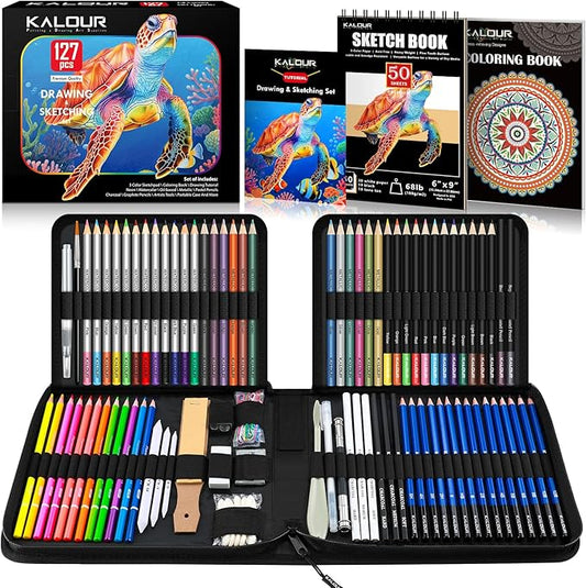 KALOUR PDAS 127 Drawing Set Sketching Kit, Pro Art Supplies with 3-Color Sketchbook & Coloring Book, Neon, Colored, Watercolor, Metallic, Graphite, Charcoal Pencils, Gift for Artists Adults Teens