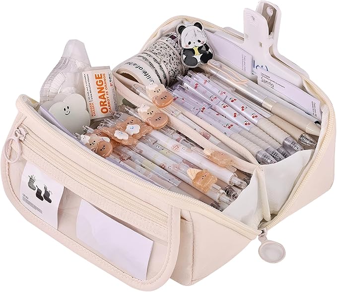 Pencil Case Pouch Box Cute Kawaii Large Capacity Aesthetic Zipper Pen Holder Organizer Bag for Kids (Z-Beige)