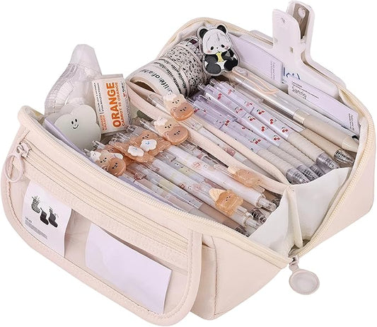 Pencil Case Pouch Box Cute Kawaii Large Capacity Aesthetic Zipper Pen Holder Organizer Bag for Kids (Z-Beige)
