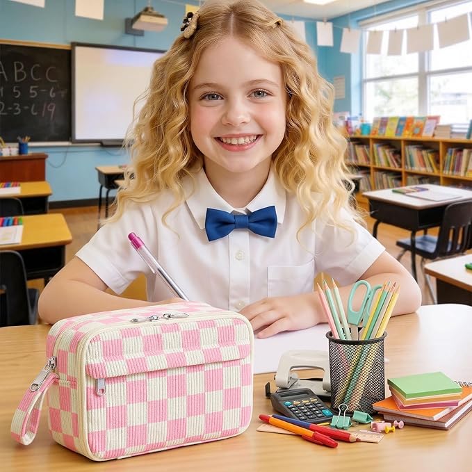 Large Pencil Pouch for Girls,Cute Corduroy Pencil Case Pouch Aesthetic Soft Pencil Bag for School, Zippered Pencil Organizer School Supplies for Teen Girls Women Gift (Pink Check)