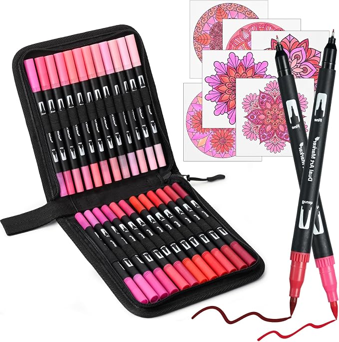 Red&Pink Dual Tip Brush Pen,Colored Fine & Brush Calligraphy Pens,Dual Tip Pink Markers for Adult Coloring Books Drawing Planner Calendar Art Sketch Outlining Sketching Calligraphy