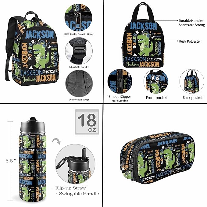 M YESCUSTOM Custom Toddler Boys Backpack with Name, Black Green Animal Personalized Backpack for Kids Preschool Kindergarten Bookbag with Lunch Bag Set