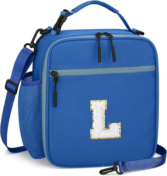 Initial Insulated Lunch Bag for Boys Kids, Back to School Gift, Reusable Leak-proof Lunch Box with Adjustable Strap for School Daycare Travel Picnic（Blue，L）