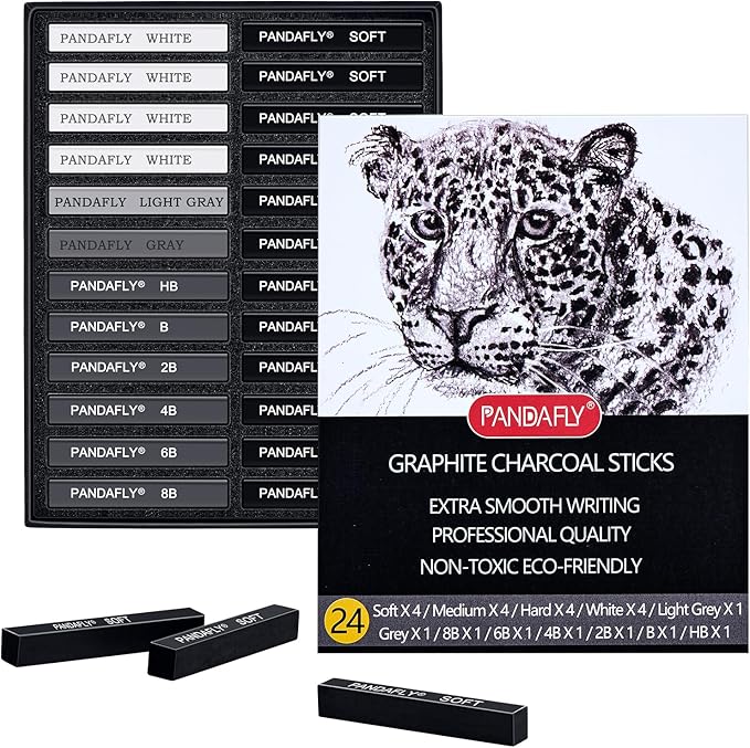 PANDAFLY Compressed Graphite Charcoal Sticks, 24 Pieces Black & White Vine Charcoal Sticks for Drawing, Sketching, Shading, Charcoal Drawing Set for Beginners & Pro Artists