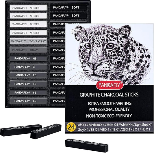 PANDAFLY Compressed Graphite Charcoal Sticks, 24 Pieces Black & White Vine Charcoal Sticks for Drawing, Sketching, Shading, Charcoal Drawing Set for Beginners & Pro Artists