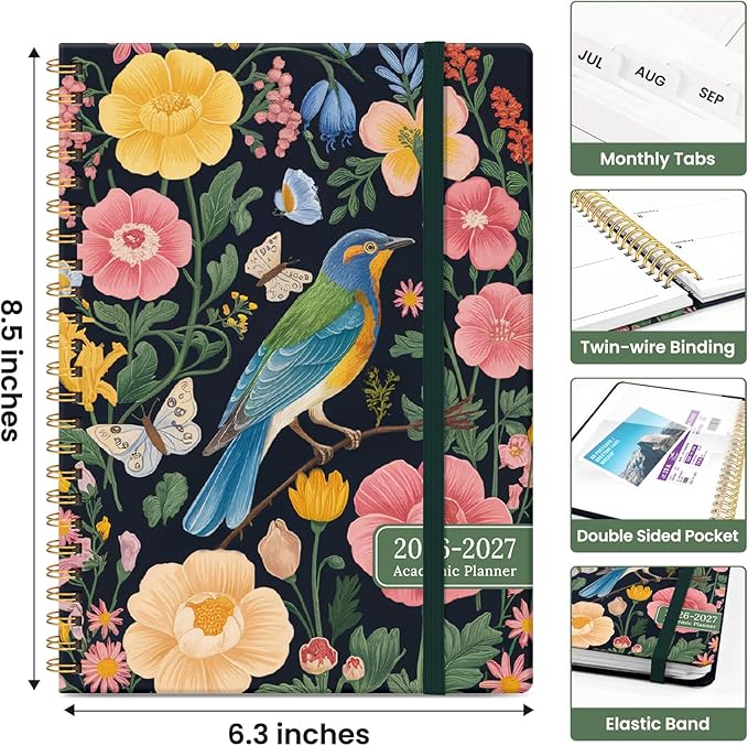 Planner 2026-2027, Academic Year Monthly and Weekly Calendar Planner, Jul 2026 - Jun 2027, Hardcover Teacher Student Planning Agenda book with Tabs, Perfect for School Office Supplies, 6.3" x 8.5" - Garden Bird