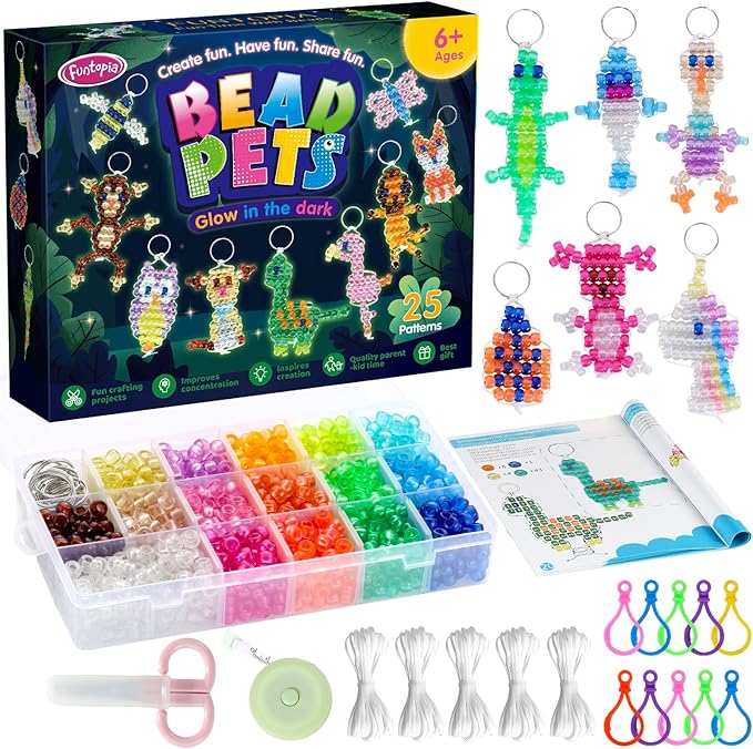 Pony Beads Kit for Keychain Making, Glow in the Dark Bead Pets for Kids Beginners，Includes Instructions for 25 Animal Designs and Storage Box, Kids Craft Kit for Rainy Day Group and Family Activities