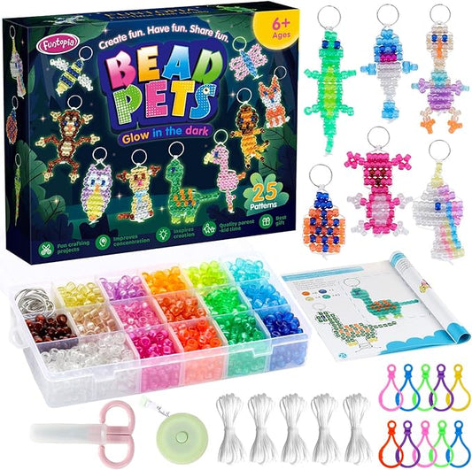 Pony Beads Kit for Keychain Making, Glow in the Dark Bead Pets for Kids Beginners，Includes Instructions for 25 Animal Designs and Storage Box, Kids Craft Kit for Rainy Day Group and Family Activities