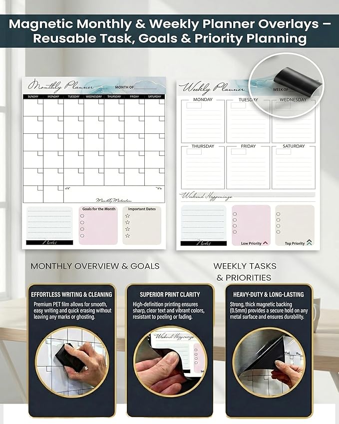 Magnetic Dry Erase Board 12x16 with Handle, Double Sided Portable Black Whiteboard for Home, Office, School & Kitchen, Includes Weekly & Monthly Magnetic Planner Sheets