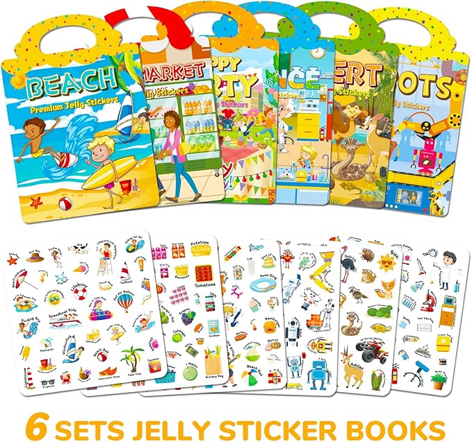 6 Sets Reusable Sticker Book for Toddlers 1-3, Jelly Stickers Book for Kids 2-4, Travel Sticker Activity Toys for Childs 3 4 5 6 Years Girls & Boys Best Gifts