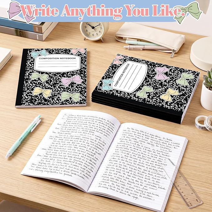 Eaasty Composition Notebook Wide Ruled Paper Assorted Marble Aesthetic Composition Notebook 100 Page 7.5" x 9.75" Journal Gift for Back to School First Day of School Students Teacher(6 Pcs,Bow)