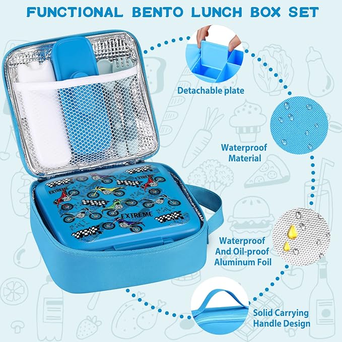 JXXM Bento Lunch Box for Kids With 8oz Soup thermo,Leak-proof Lunch Containers with 5 Compartment,thermo Food Jar and Lunch Bag, Food Containers for School (A-Blue(Extreme Locomotive))