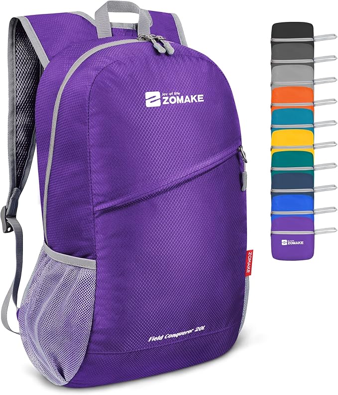 ZOMAKE Lightweight Packable Backpack 20L, Foldable Small Daypack for Hiking | Water Resistant Backpacks Day Bag for Travel Outdoor Camping Sport, Everyday Carry, Multi Compartment Storage(Purple)