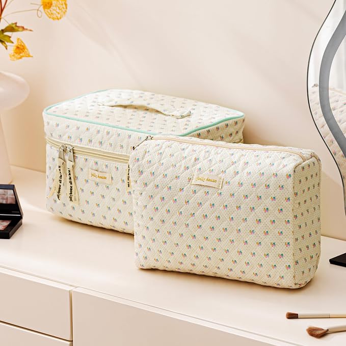 HBselect Quilted Makeup Bag, 3Pcs Cotton Large Travel Makeup Bags Organizer | Cute Floral Make up Bag Cosmetic Bag Toiletry Bag for Women Girls, Makeup Pouch for Skincare, Brushes & Travel Essentials