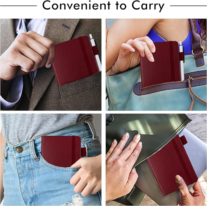 6 Pack Pocket Mini Notebooks Bulk, Feela Small Cute Memo Notepads Hardcover College Ruled Lined Journals with Pen Holder for School Business Work, with 6 Black Pens, 3.5”x 5.5”, A6, Wine