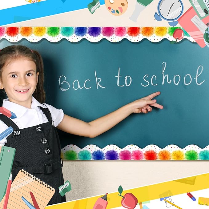 Fuyoooo 49 ft Colorful Poms Scalloped Magnetic Borders for Classroom, Cut Border Trim, Magnetic Bulletin Board Borders for Walls Desks Windows Doors, Lockers Schools Classrooms Homeschool Offices