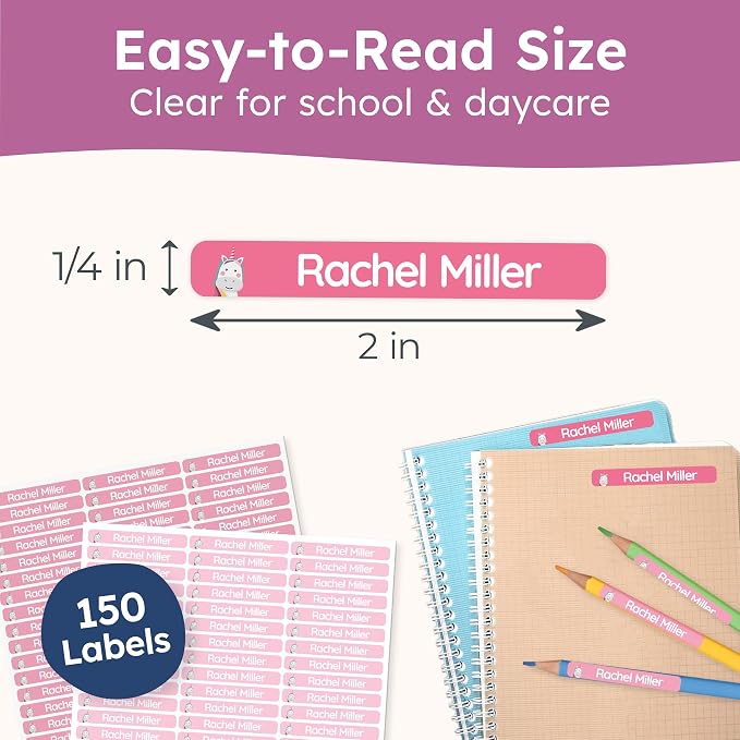 Personalized Kids Name Labels for Pencils Pink [150pcs] - Waterproof Name Stickers for School & Daycare - Pencil Custom Name Stickers - Children Name Stick On Labels for Pens (2.0”x0.3”)