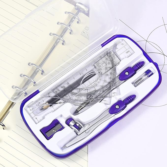 Unjoo Math Geometry Kit Sets 10 Piece Student Supplies with Shatterproof Storage Box,Includes Rulers,Protractor,Compass,Eraser,Pencil Sharpener,Lead Refills,Pencil,for Drafting and Drawings（Purple）