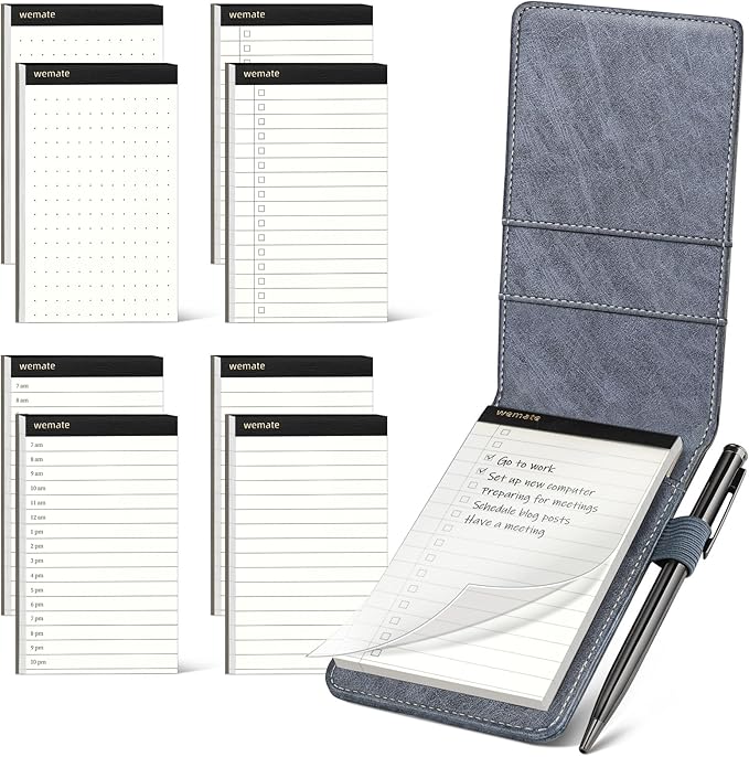 WEMATE 10 Pieces Small Notepad Holder Set Pocket Notebook - Included Mini Pocket Notepad Holder Set with 8 Memo Book Refills and Metal Pen for Meetings, Daily Records, and Notes 3 x 5 Inch (Grey)