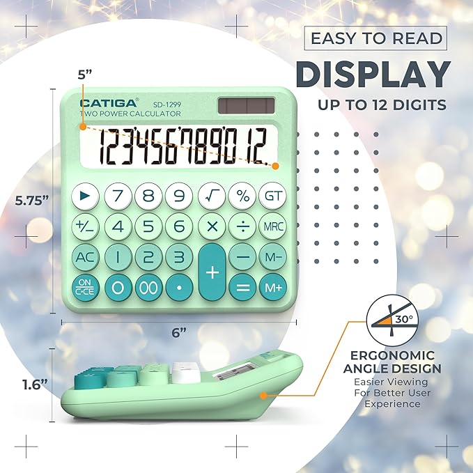 CATIGA Mechanical Switch Calculator with Solar and Battery Dual Power, 12-Digit Large LCD Display, Aesthetic and Cute Desktop Calculator with Big Button, for Home, School and Office Use, SD-1299