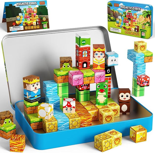60PCS Mini Magnetic Building Cubes Set, Adventure-themed Magnetic Blocks, Portable Magnetic Travel Blocks with Iron Case, Educational Toy for Kids STEM & Construction Learning for Kids Aged 3+