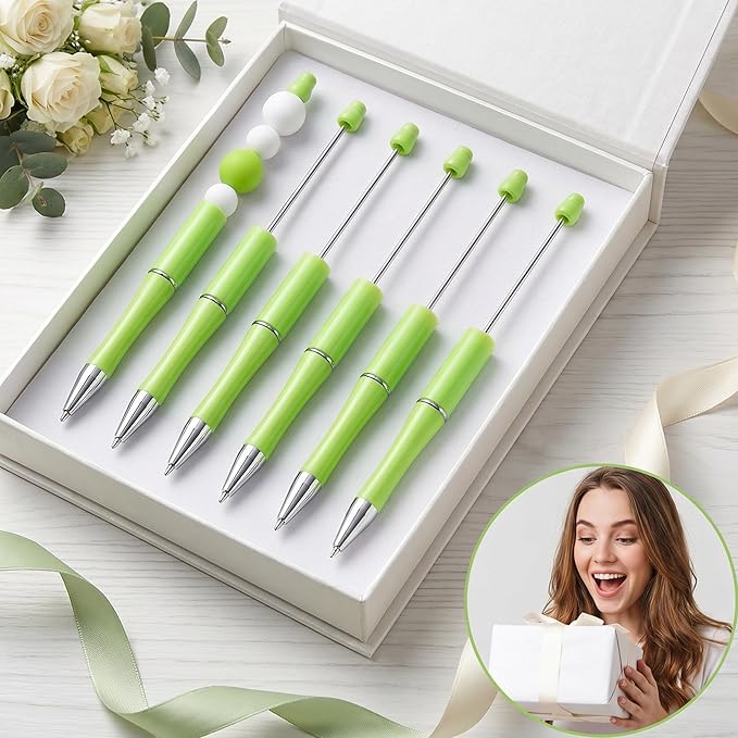 jiebor 30Pcs Beadable Pens Plastic Bead Ballpoint DIY Cute Cool Pens Black Ink for Women Men Bridal Graduation Gift Office Supplies Bright Green