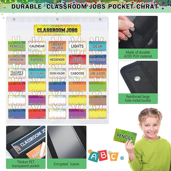 Qeeenar Classroom Jobs Pocket Chart with 96 Cards and 3 Hooks Class Management Educational Schedule for Teacher Back to School Supplies(Confetti)