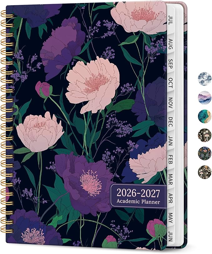 Planner 2026-2027, Academic Monthly and Weekly Calendar Planner for Women, July 2026 - June 2027, Hardcover Pretty Agenda Planner Book with Tabs, Spiral Daily Organizer for School Office Home Supplies, 6.3" x 8.5" - Plum Reverie