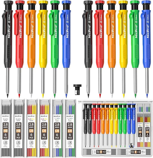 Nicpro Carpenter Pencil with Sharpener, 12Pcs Construction Pencil+52 Refill | Deep Hole Marker for Construction, Heavy Duty Woodworking Pencil for Architect Marking (Red, Black, Yellow, Blue, Orange)