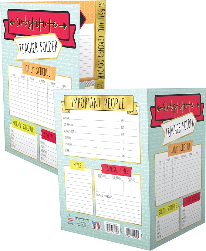 Carson Dellosa 6-Pack Substitute Teacher Folder, Schedules, Routines, Procedures, Classroom Management, Contact Information, and More with Pockets, Desk Organizer School Supplies