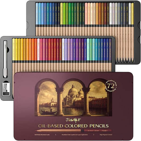 JusArt 72 Oil-Based Colored Pencils – Soft Core, Durable, Vibrant & Ultra-Smooth. Ideal for Adult Coloring, Portrait, Sketching, Landscape. Professional Drawing Pencils for Artists, Adults & Beginners