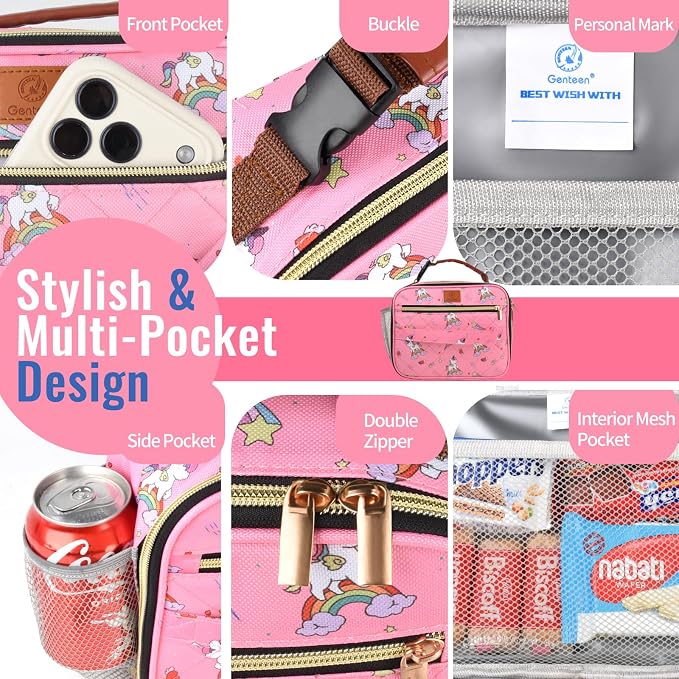 Genteen Lunch Box for Kids, Boys - Insulated Small LunchBox Reusable, Zip Closure & Buckle Handle, Portable Cooler for Work, School, Travel (Unicorn)