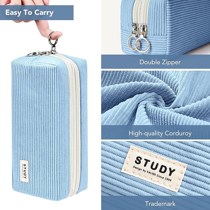 KALIDI Large Pencil Case Corduroy Pencil Pouch Box Cute School Supplies for Teen Girls Boys, Blue