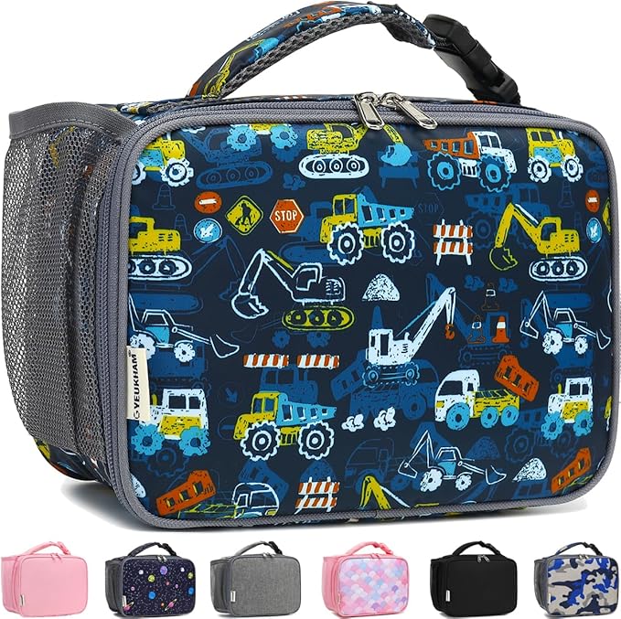 GYEUKHAM Insulated Lunch Box for School, Thermal Reusable Durable Freezable Lunch Bags for Kids Boys Girls Men Women - Small Soft Cooler Portable Lunch Tote Kit for Work Picnic Travel,Excavator