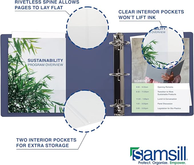 Samsill Durable 2 Inch Binder, D Ring Binder, Customizable Clear View Cover, Midnight Blue, Holds 475 Pages