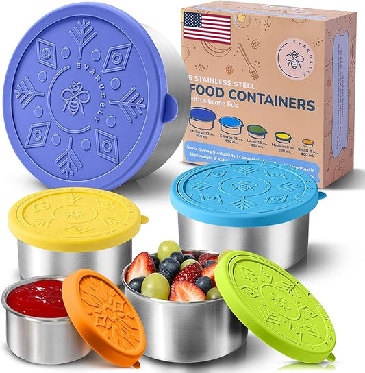 Everusely - Stainless Steel Containers with Lids - Set of 5, Summer Collection - Leakproof Stainless Steel Food Containers - Nesting Snack Holders - Metal Lunch Box - Portable & Reusable Meal Kit