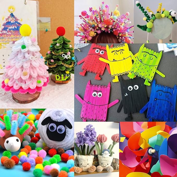 FUNZBO Arts and Crafts Supplies for Kids -Toddlers Craft Kit with Glitter Glue Stick, Pipe Cleaners, Popsicle Sticks, Pompoms & Stickers, Homeschool Supplies, Toys Crafts for Girls Age 4+