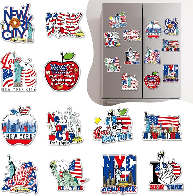 Wxiben New York Fridge Magnet - 12Pcs New York Souvenirs Gifts NYC Refrigerator Magnets USA Flag Statue of Liberty Fridge Magnetic Stickers for Home Office Kitchen Locker Traveler Tourist Gift