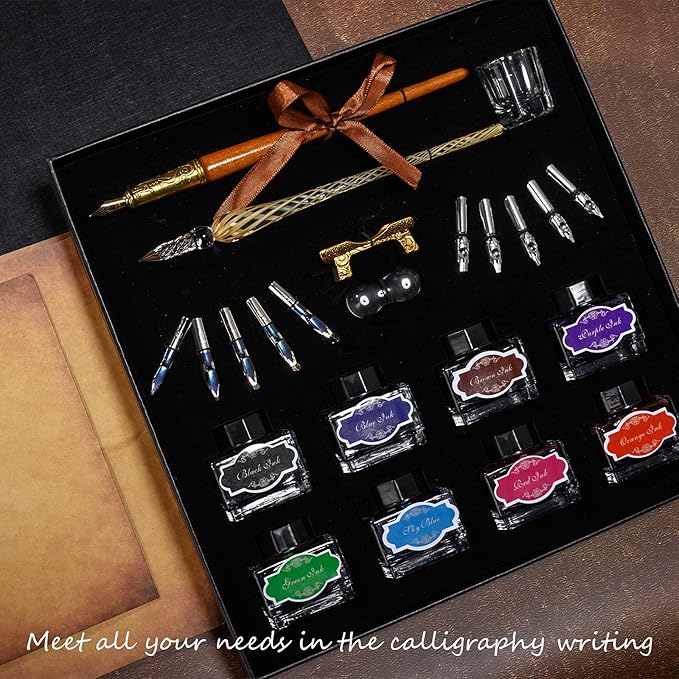 Calligraphy Pen Set，Vintage Fountain Wooden Glass Dip Pen Ink Writing Pen with 8 Colors of Ink 10 Types of Replaceable Nibs 2 Pen Holders Exquisite Present for Beginners